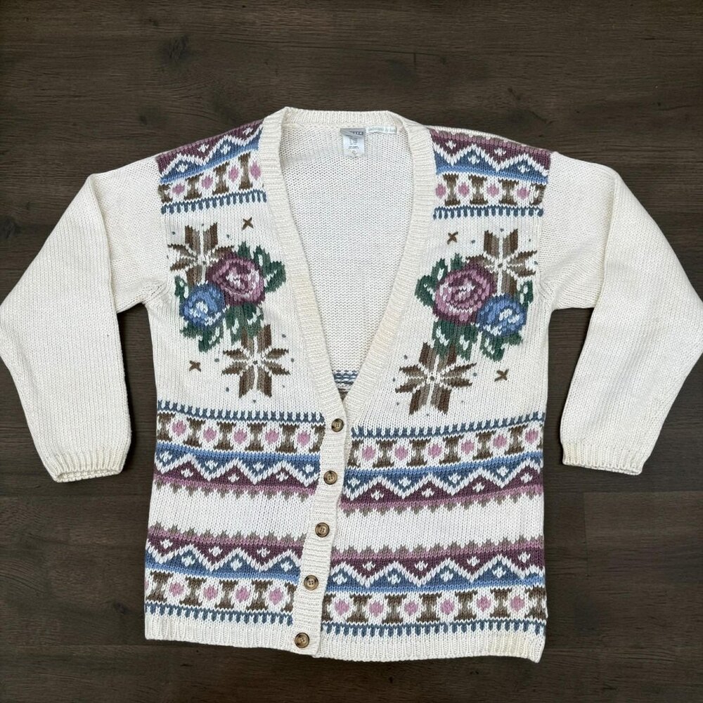 Womens Vintage Fair Isle Cardigan Cottagecore chunky KNIT LG  Grandma Core 3228